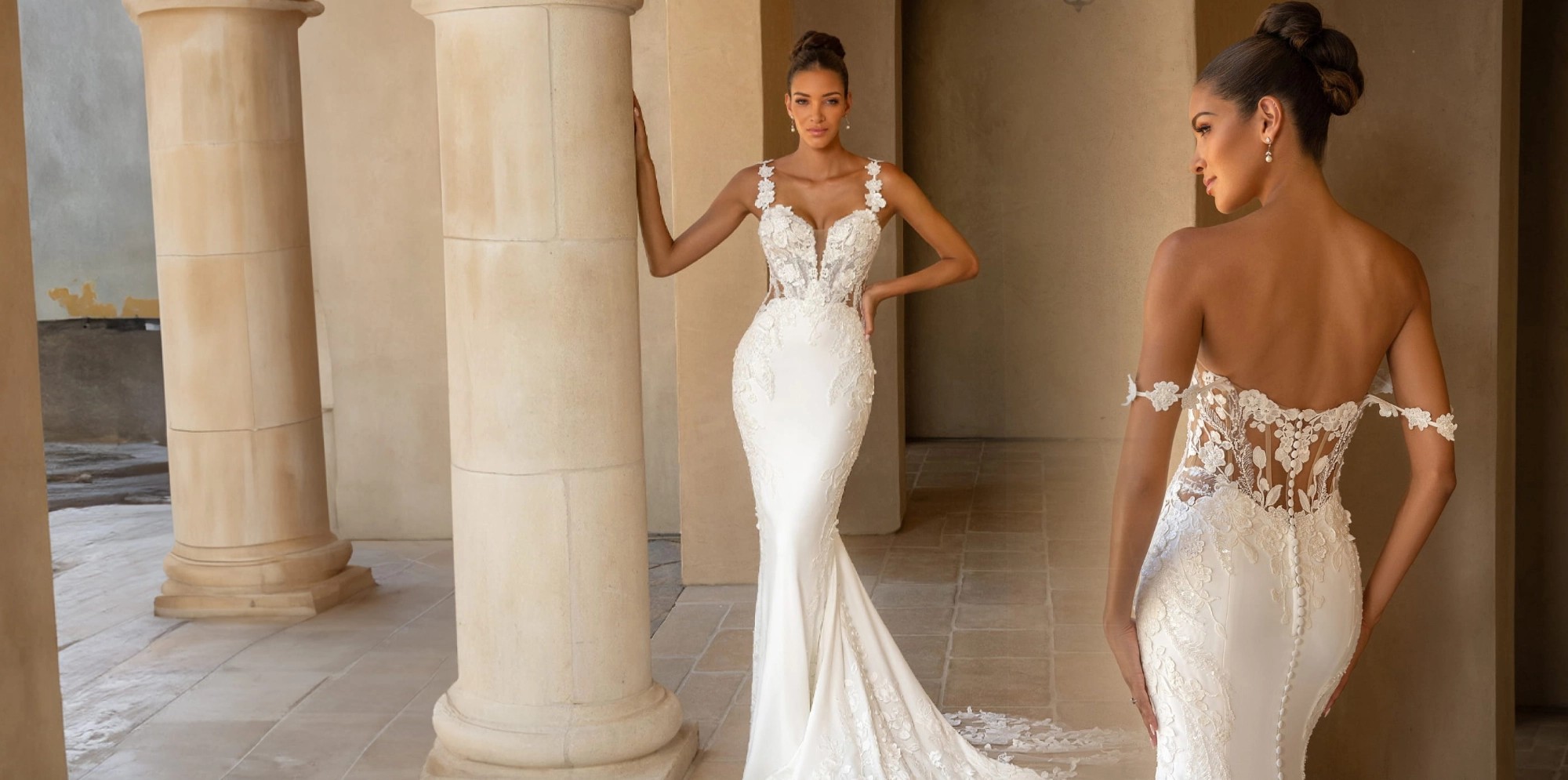 Model wearing white bridal gown