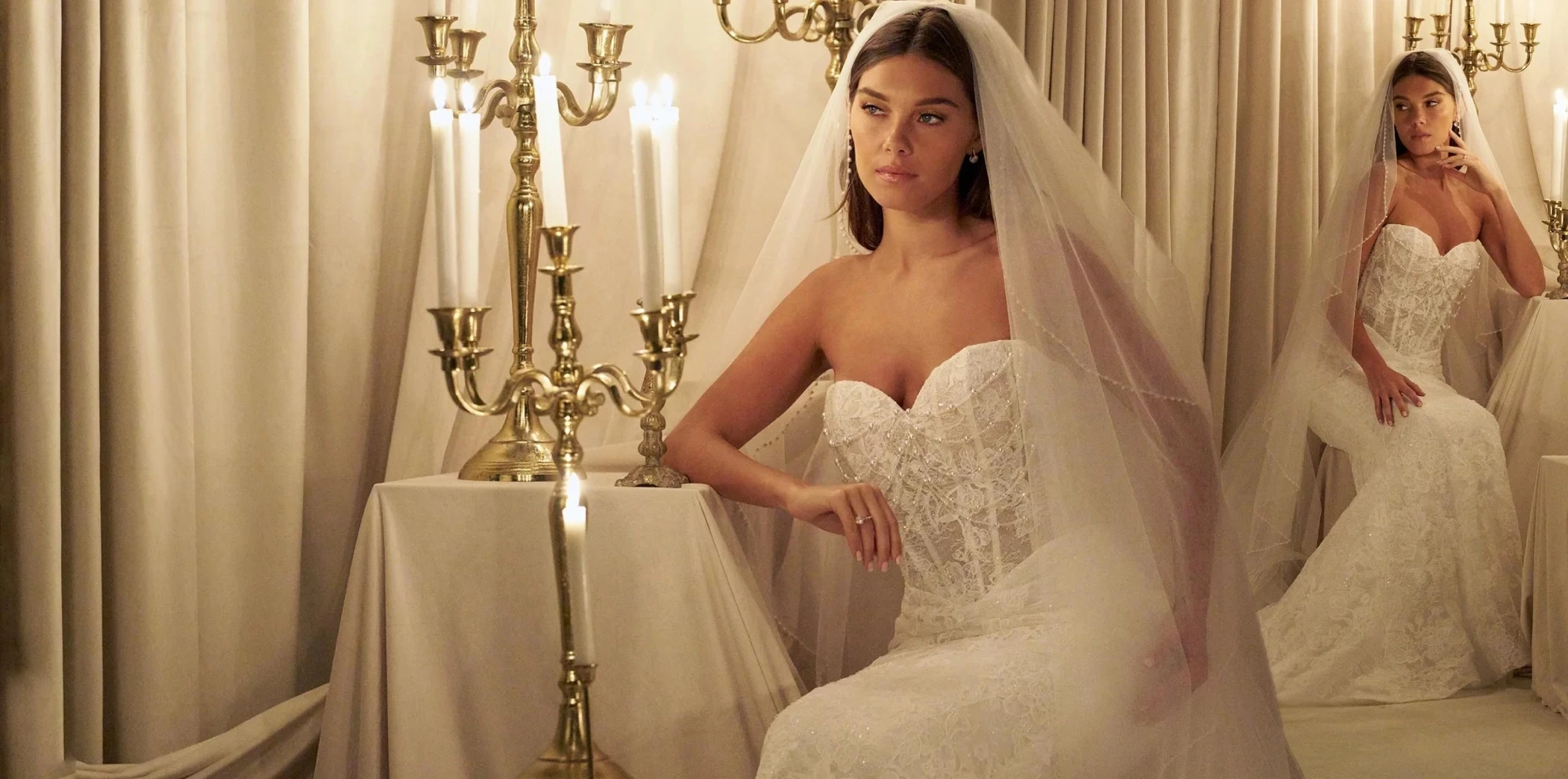 Model wearing white bridal gown